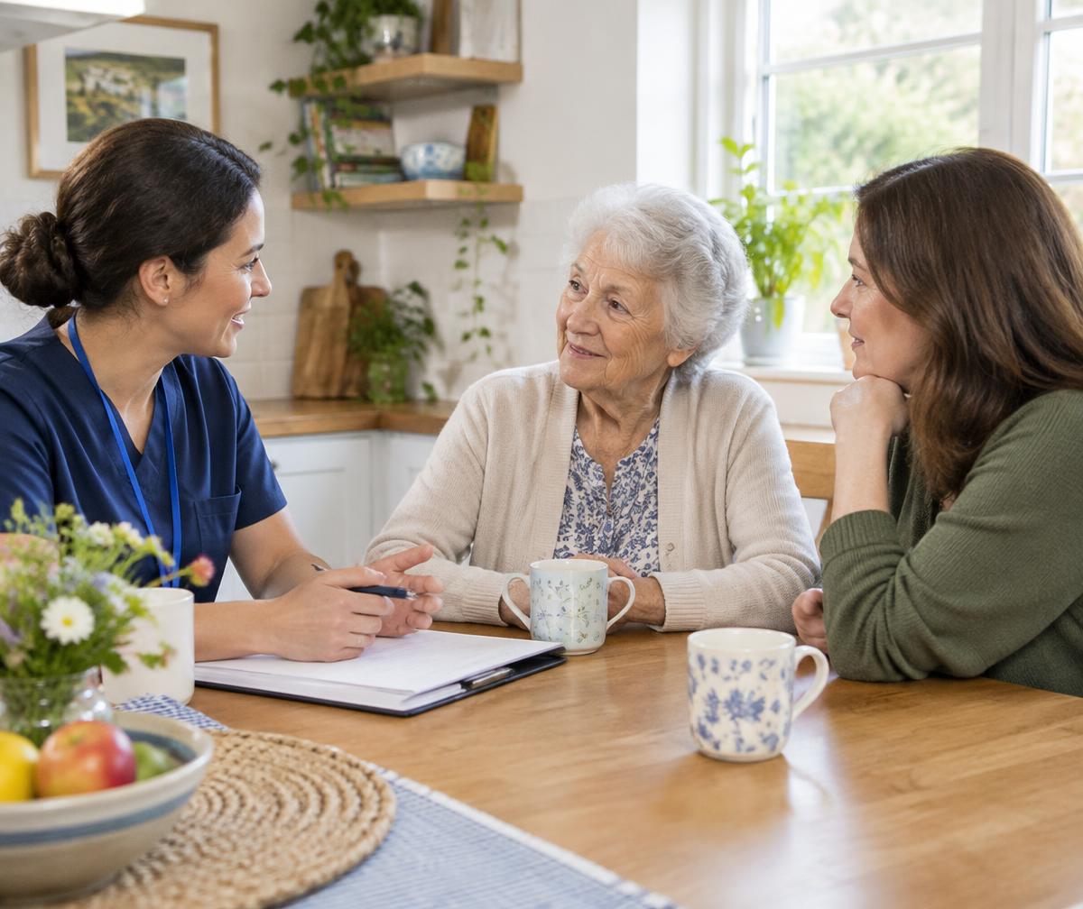 A caregiver talking with an older woman and her daughter at a kitchen table