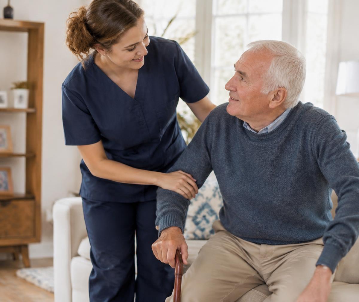 A caregiver helping an older man rise from his sofa at home